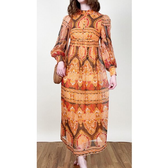 Vintage Union Made Maxi Dress Long Puffed Poof Balloon Sleeve Boho Print 60s 70s - Picture 8 of 8